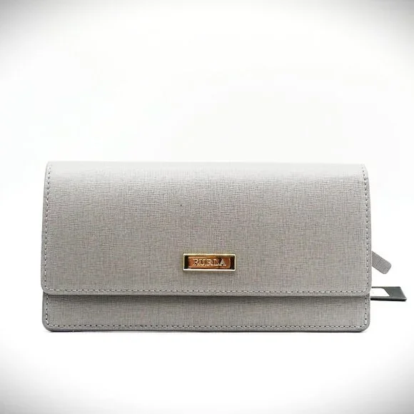 FURLA Grey Saffiano Leather Gold Plated Logo Bifold Wallet - Picture 2 of 8